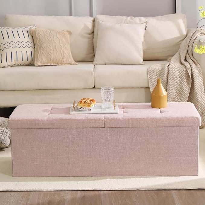 CUYOCA 45.3 Inches Storage Ottoman Bench Foldable Seat Footrest Shoe Bench End of Bed Storage with Flipping Lid, 166L Storage Space, Linen Fabric Pink