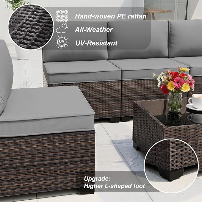 ALAULM Patio Furniture Set with Coffee Table, 9 Pieces Outdoor Sectional with Wide Seat and Thick Cushion, All Weather Wicker Rattan Conversation Set for Backyard, Garden, Deck, Grey
