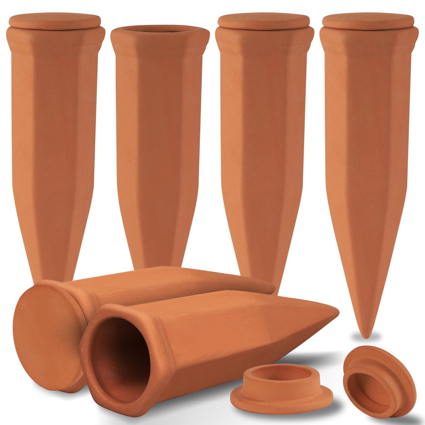Soilagua Large Terracotta Watering Spikes with Lids, Automatic Plant Waterer Outdoor | Indoor, Vacation Friendly Clay Plant Watering Devices System, Slow Release Self Watering Planter Insert, 6 Pack