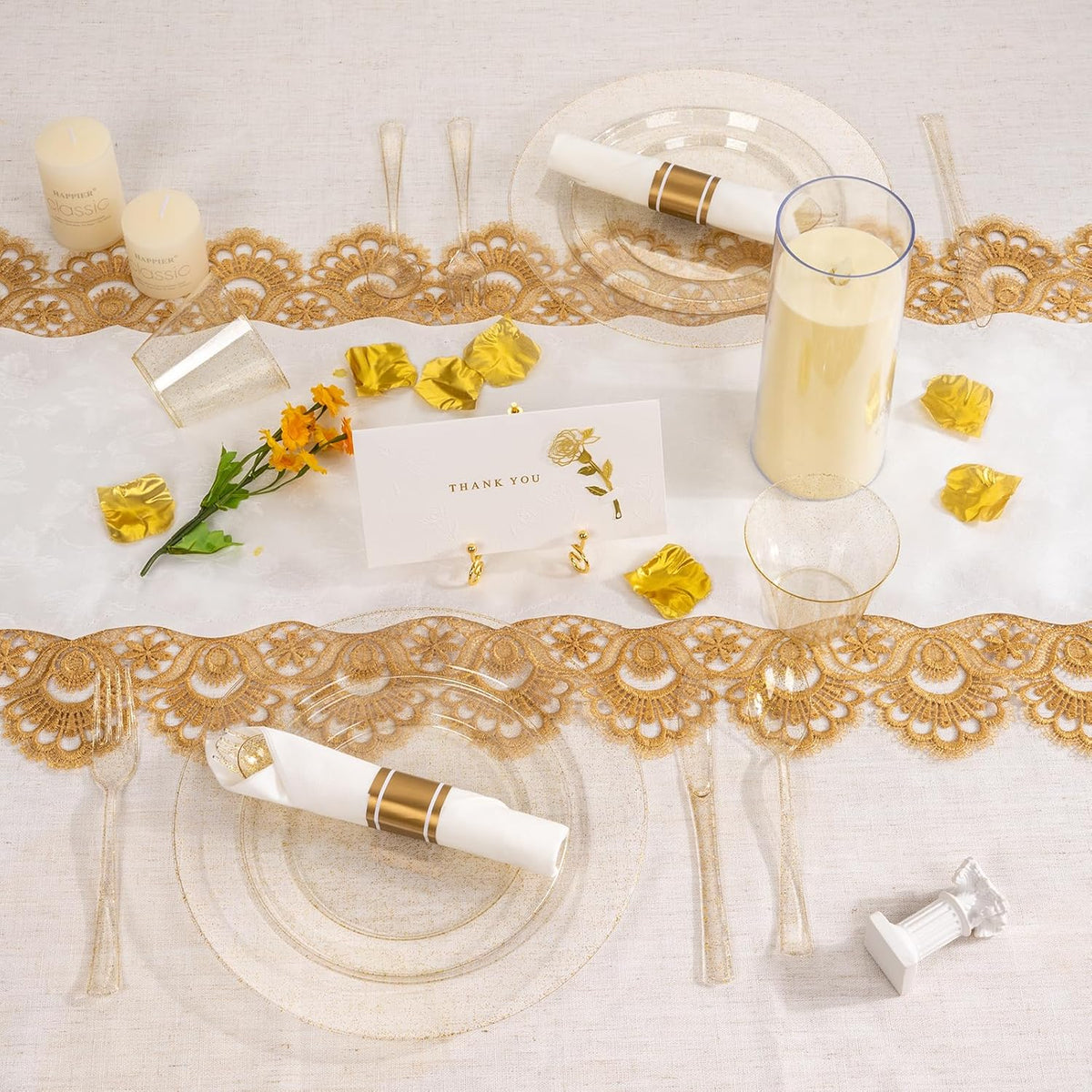 350 PCS Transparent Base With Pink Tint Plastic Dinnerware Set for 50 Guests, 100 Plates for Party, 50 Pre Rolled Napkins with Gold Silverware, 50 Cups