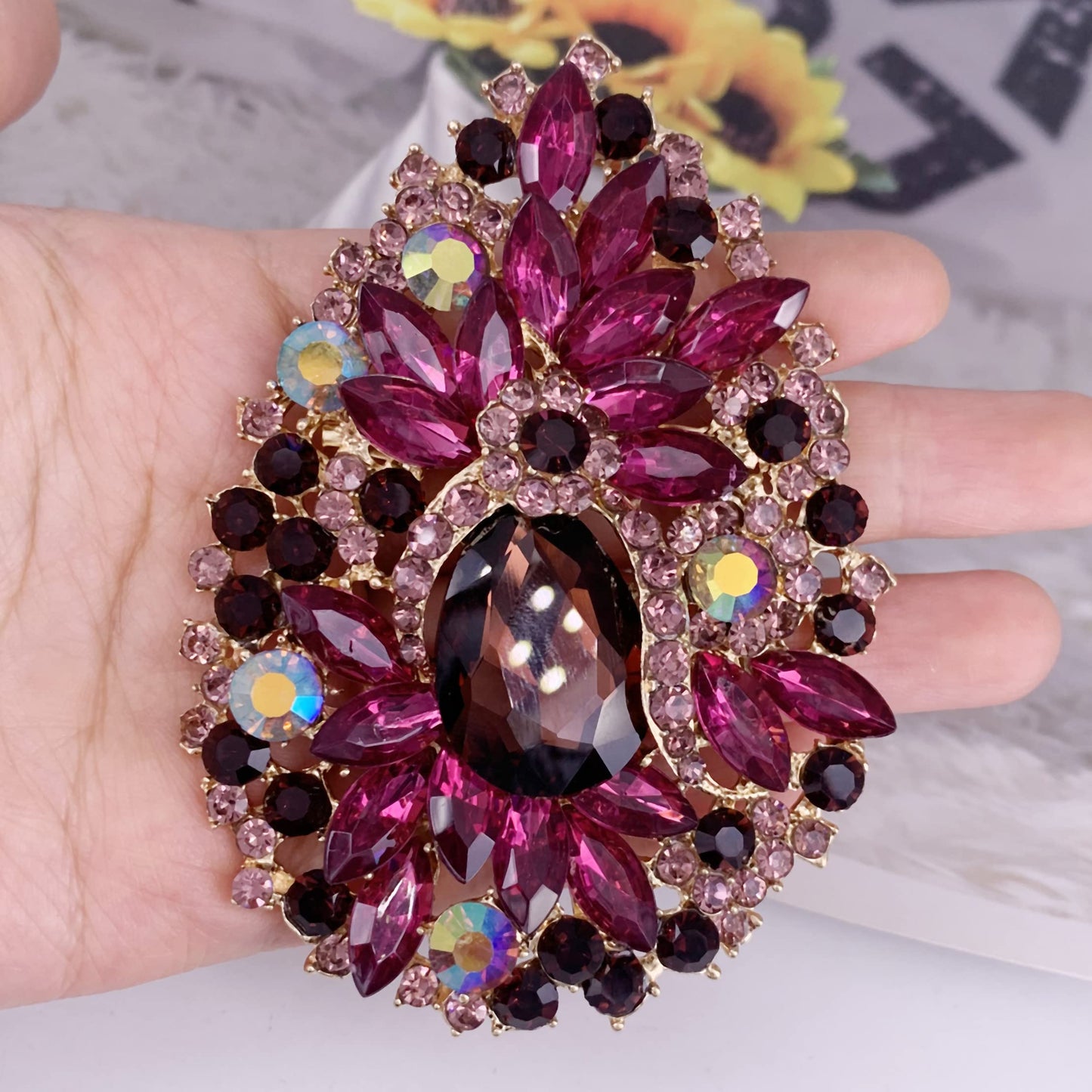 SELOVO Huge Big Large Flower Statement Brooches and Pins Scarf Decoration Gold Tone (Purple)