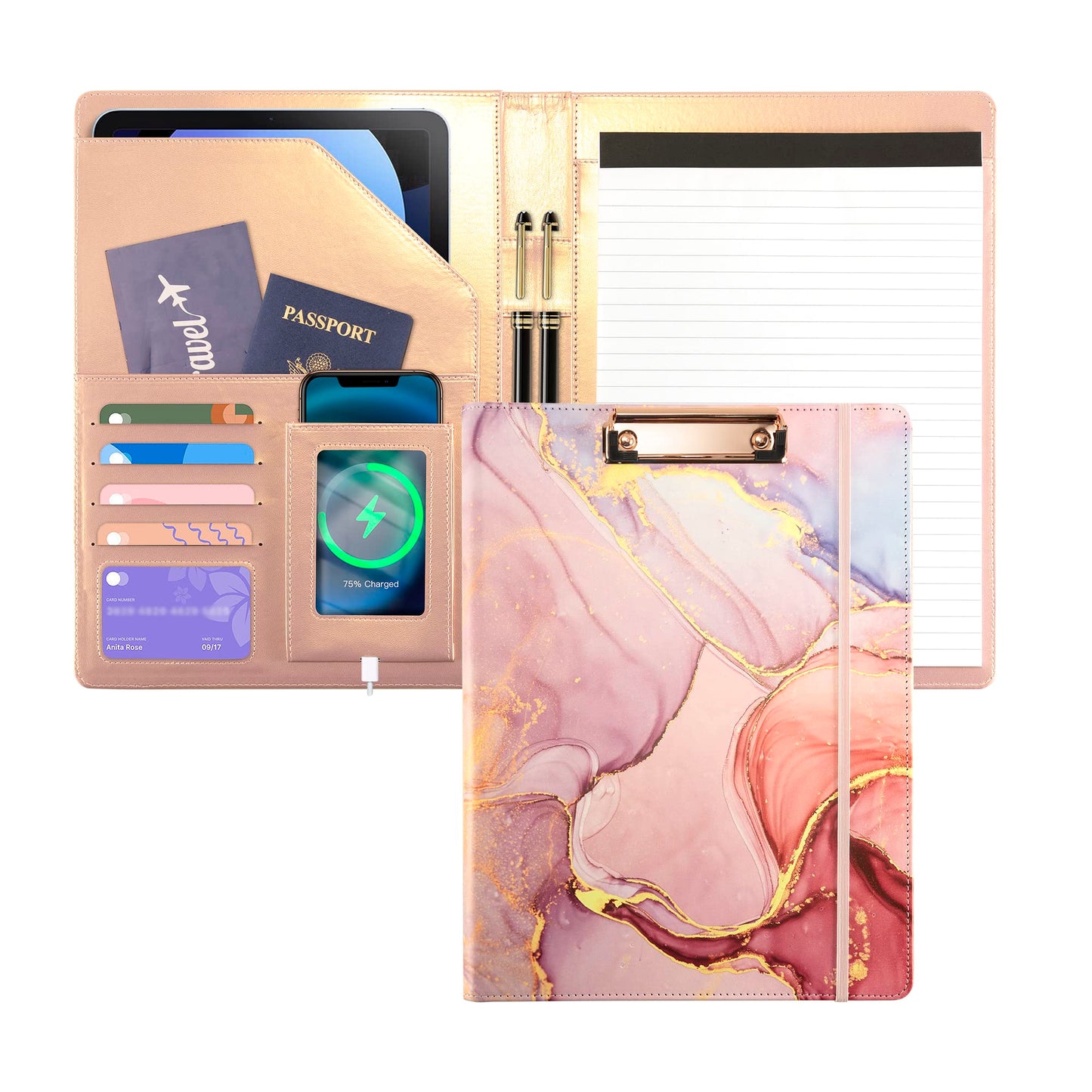 Leather Portfolio Binder Folder Storage Clipboard Pink Padfolio for School Side Straps Document Organizer