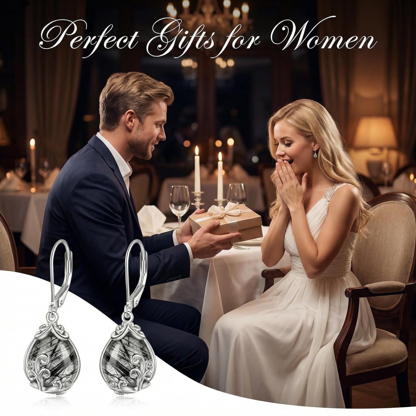POPLYKE Rutilated Filigree Teardrop Drop Dangle Earrings Sterling Silver Leverback Earrings Black Rutilated Quartz Jewelry Gifts for Women