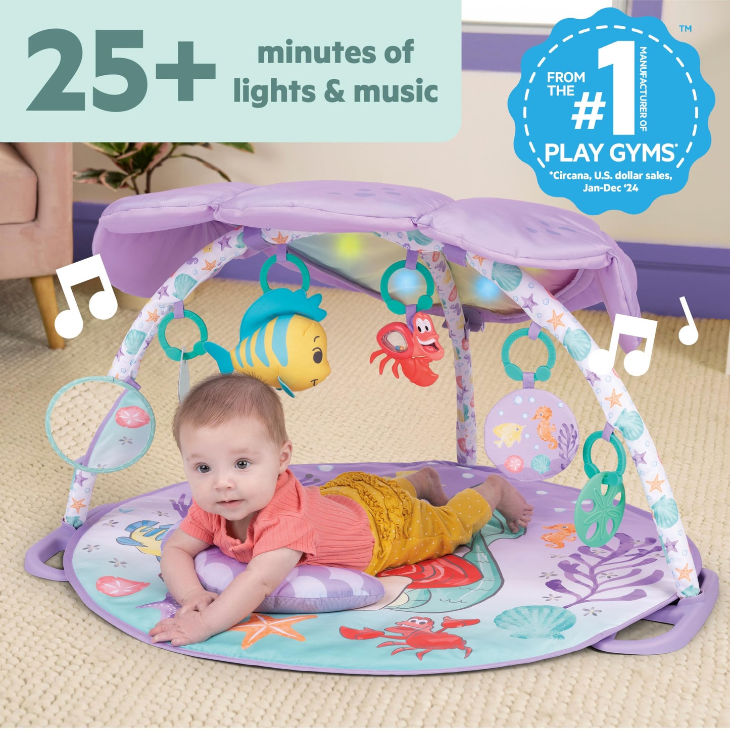 Bright Starts Disney Baby The Little Mermaid Twinkle Trove Light-Up Musical Baby Activity Gym with Tummy Time Pillow, Newborn+