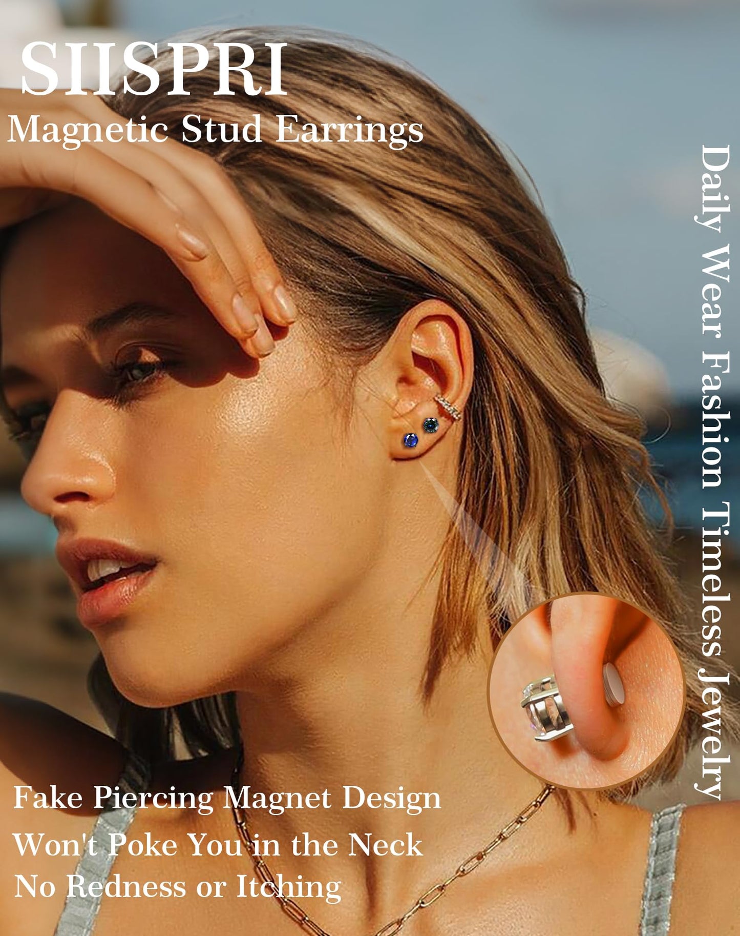 SIISPRI 4 Pairs Stainless Steel Magnetic Stud Earrings for Men Women Hypoallergenic Inlaid Cubic Zirconia Unisex Non-Piercing Clip On Stud Diamond Earrings Set
