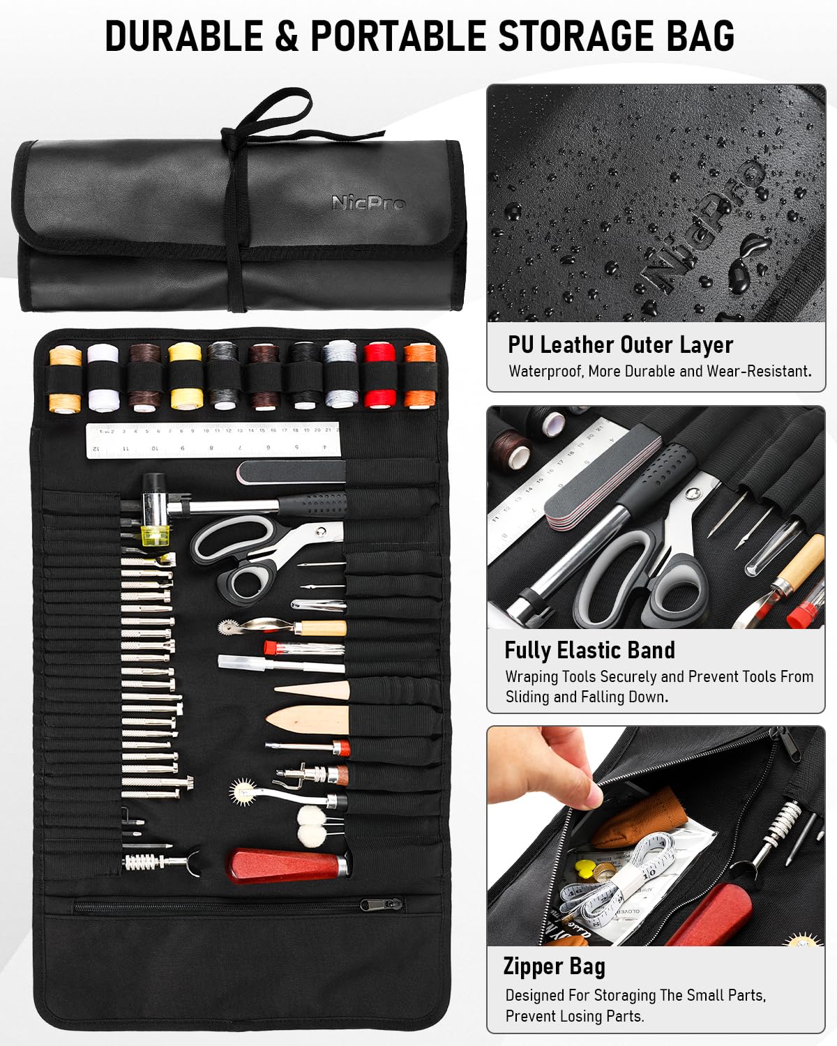 Nicpro 85PCS Leather Tooling Kit Leather Working Tools Kit with Custom Storage Bag, Adults Leather Making Craft Tools Beginner Kit for Stamping Sewing Carving Cutting Punching Leather Working