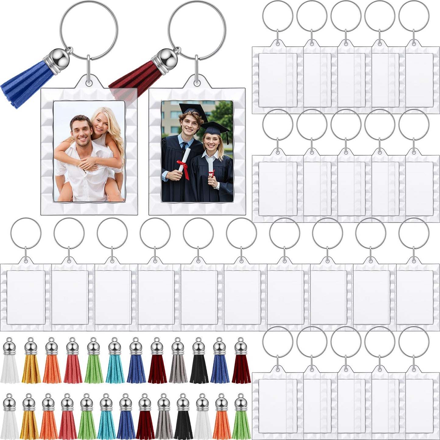 Yaomiao 25 Set Acrylic Photo Keychain with Tassel Clear Blank Custom Keychain Frame Holder Insert Picture Keyring Making Kit (Wavy Rectangle)