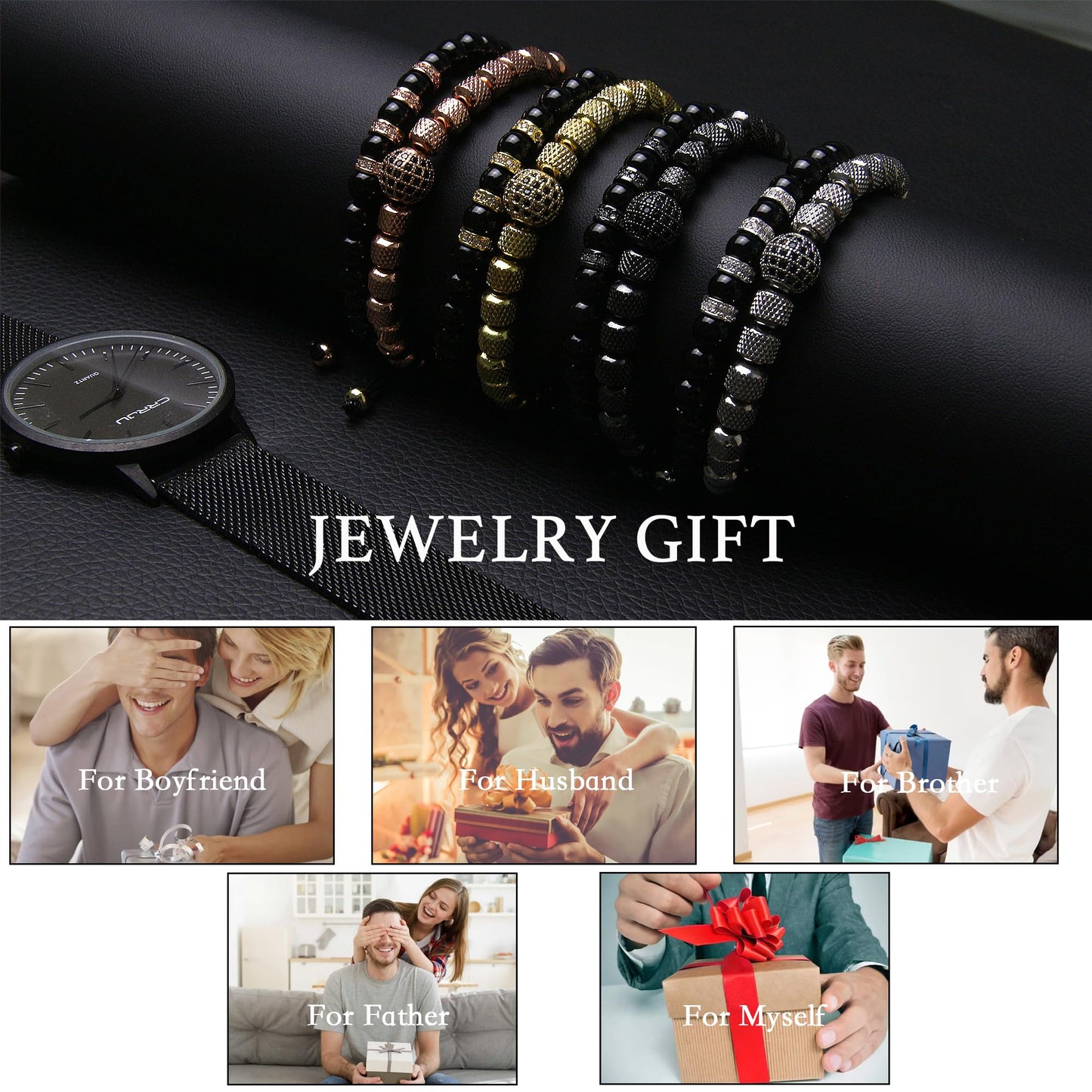Men's Beaded Bracelets - 6mm Obsidian Stainless Steel Bracelet With Cubic Zirconia Beads - Adjustable Bracelet Set for Couples, Boyfriend, Husband (Black)