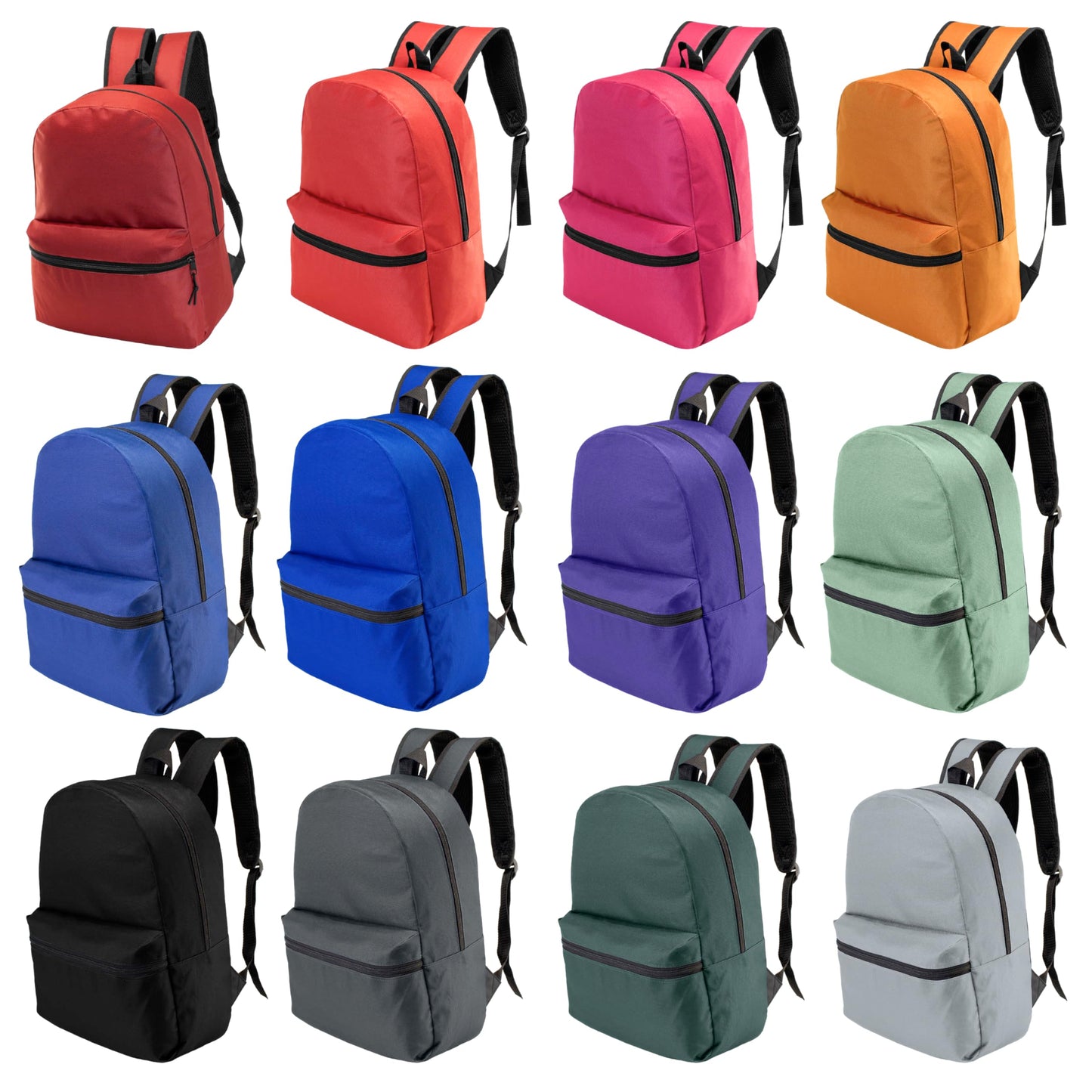 Moda West 17 Inch Bulk Backpacks with 34 Piece School Supplies Kits - Pens, Pencils, Crayons - Case of 12 Wholesale Backpacks in 12 Assorted Colors