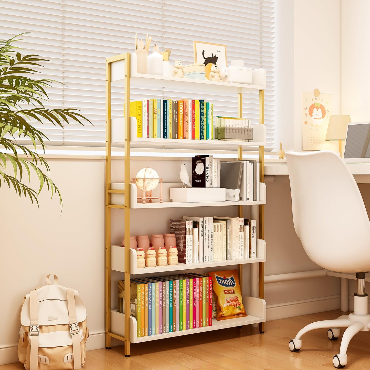 OSCHF Wide Open Shelf Bookcase - Modern 5-Tier Freestanding Display Bookshelf with Three-Side Panels for Home and Office, Storage Shelving in Warm White with Gold Frame