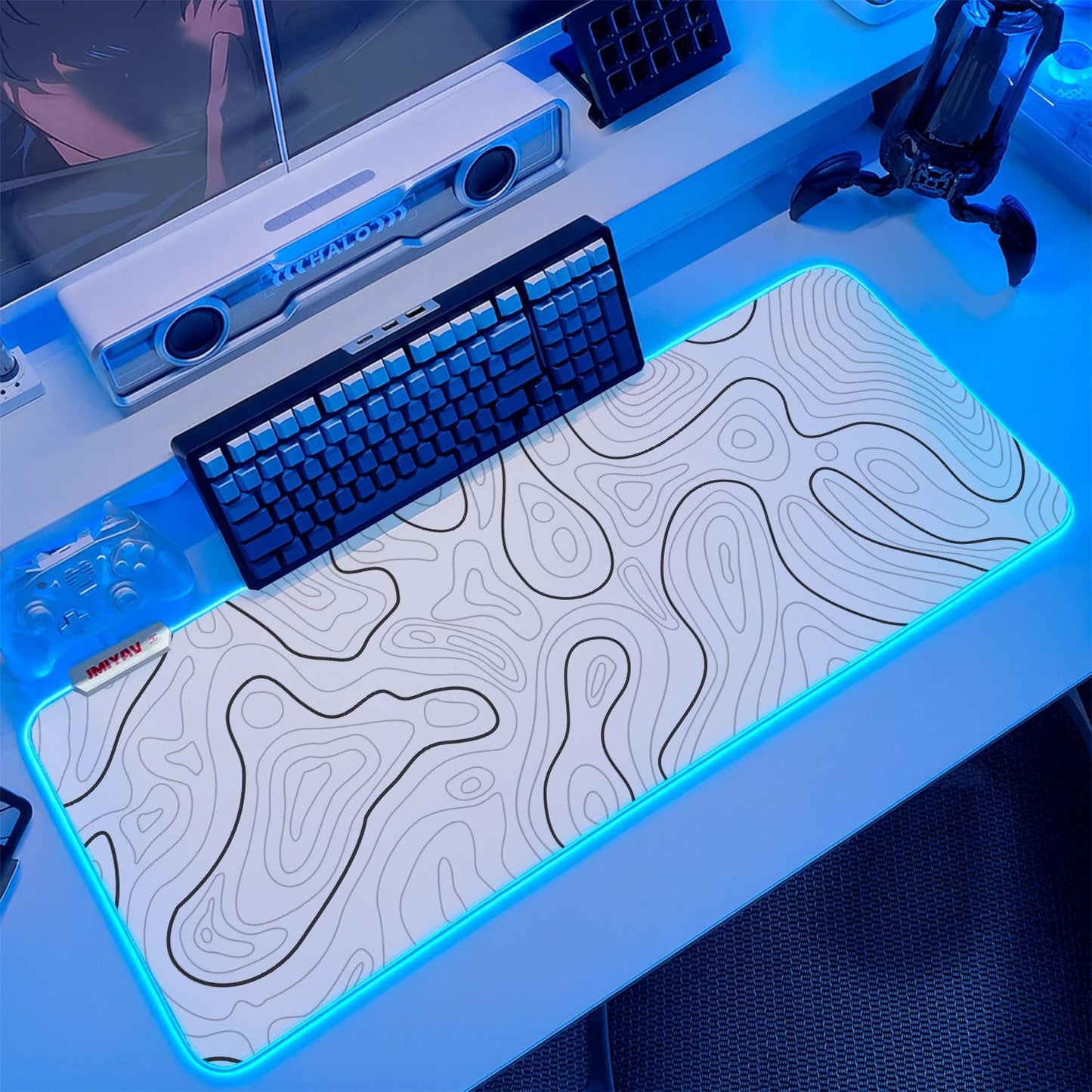 JMIYAV Gaming Mouse Pad RGB Mousepad Non-Slip Rubber Base Extra Large Cool XL XXL Computer Desk Pad Gaming Accessories Setup LED Light Up Big Mouse Pad for Gamer White Topographic (31.5x12In)