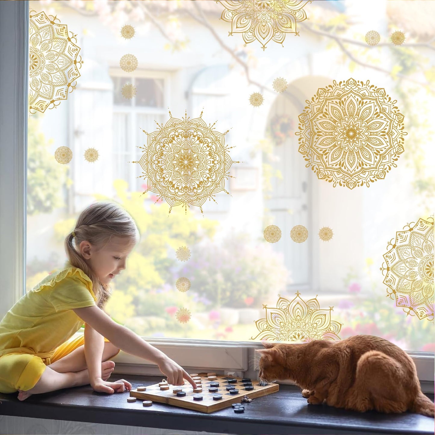 Kazova Gold Mandala Window Clings 22 Pcs 4 Sheets Double Sided Lotus Flower Window Stickers Vinyl Cling Non Adhesive Reusable Window Decals for Glass