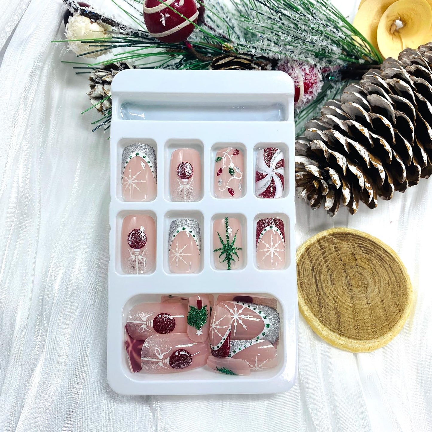 LWTZLW Christmas Press on Nails White Red French Tip Medium Square False Nails Gift Glitter Glue on Nail Snowflake Design Acrylic Fake Nails Winter Artificial Glossy Nail Reusable for Women