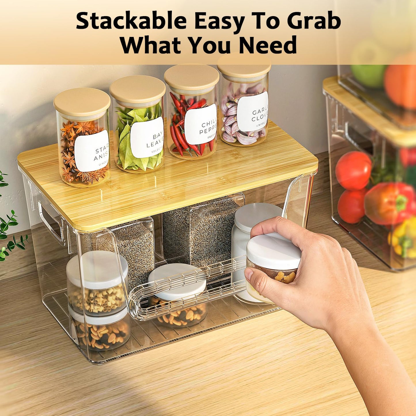 Delamu 3 Pack Pantry Organizers and Storage,Trash Bag Dispenser with Bamboo Top,Stackable Trash Bag Dispenser Under Sink Organizer for 4-30 GalBags,Onion,Potato,Fruits,Clear