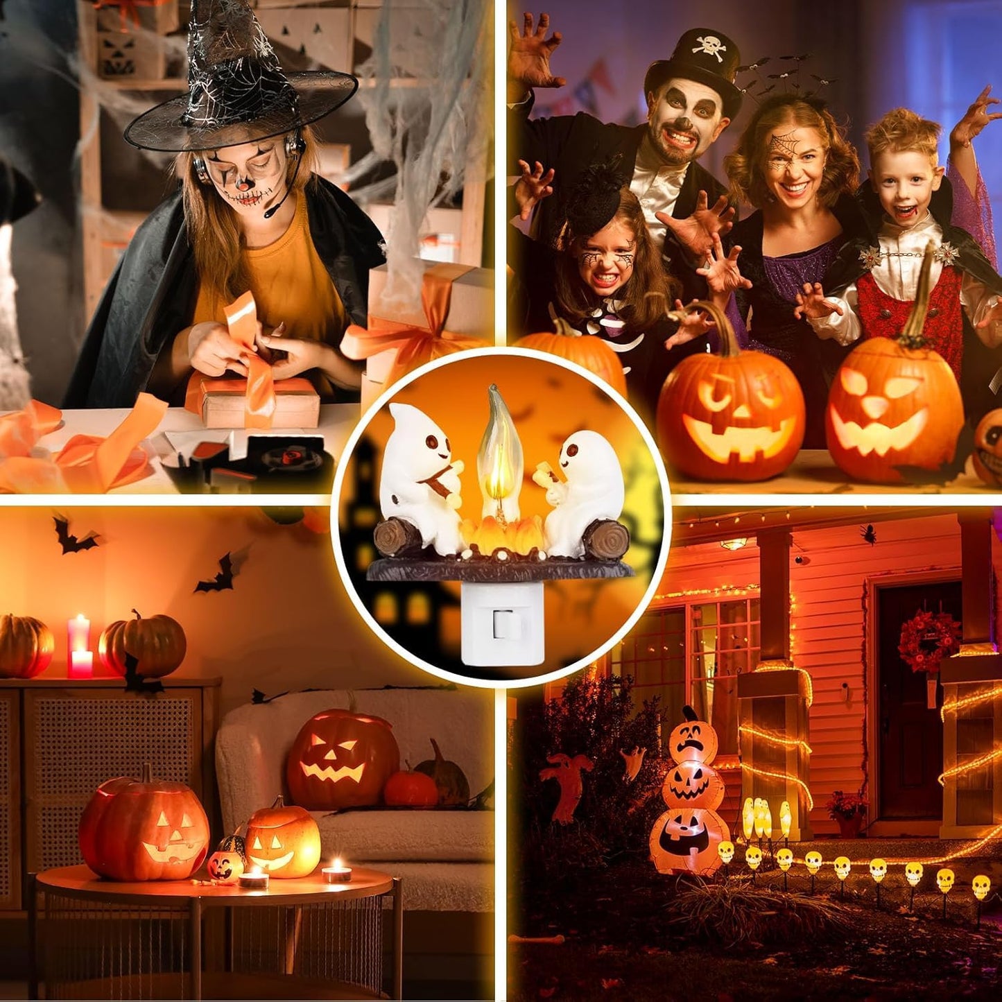 RAINBEAN Ghost Campfire Flickering Night Light, 3D Small Electric Faux Campfire Night Light,Ghosts Campfire Flicker Flame Nightlight, 5in LED Campfire Night Lights Funny Halloween Decor