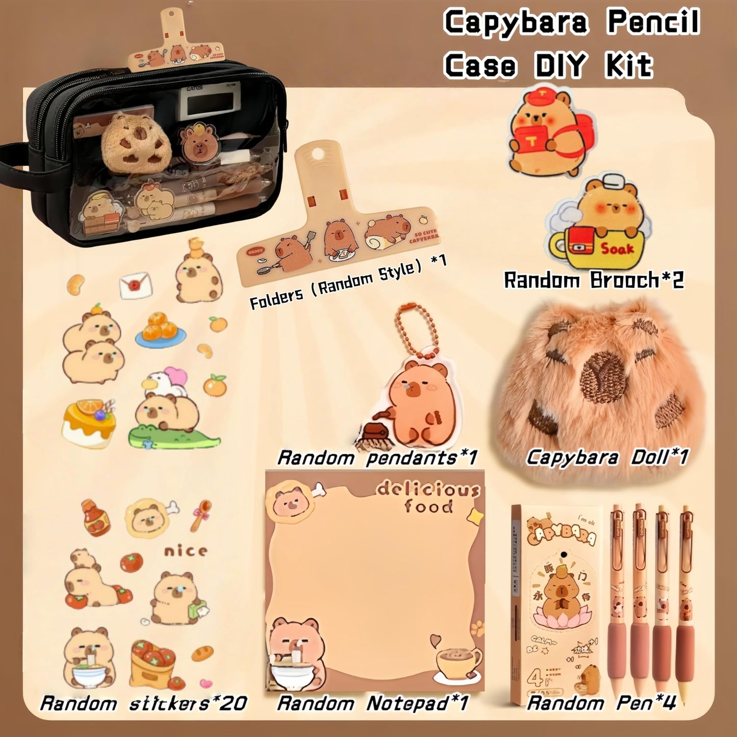 IN Chenthy Kawaii Capybara Pencil Case Kit with Plush +Notepad+Pendant+Stickers+Binder clips+Diary Clip+Pens, 5-Layer Large Capacity Capybara Stationery Set Gifts for Office, Makeup. (Black)