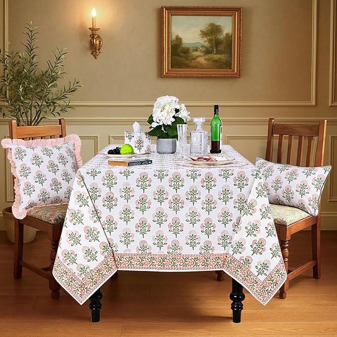 Ridhi Hand Block Print Mughal Buta Peach Rectangle Cotton Tablecloth 108" x 70" Reusable Table Cover Decorative Everyday Use for Dining, Farmhouse, Home Gift for Spring, Easter, Valentine