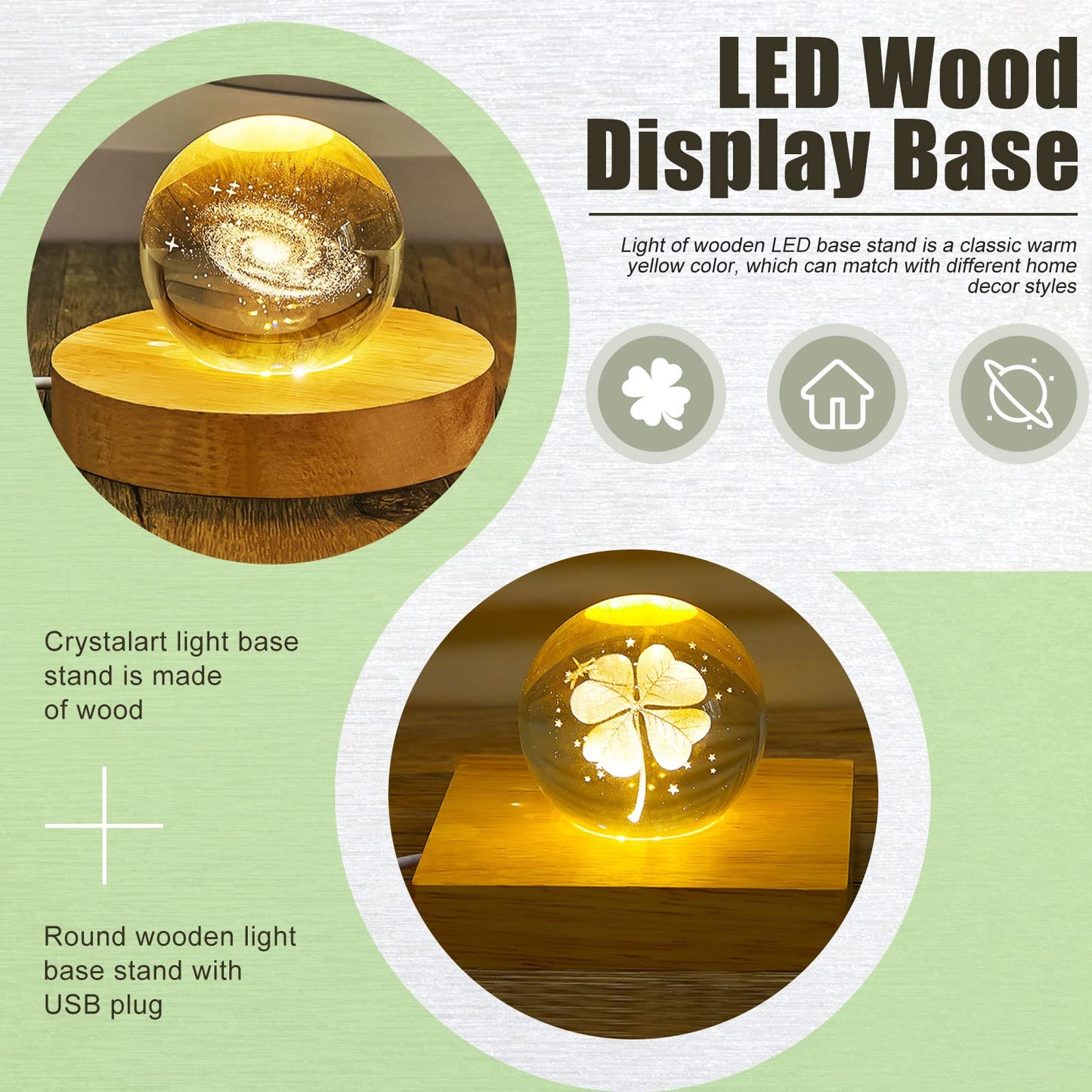 Honoson 4 Pcs LED Light Base - Wooden LED Base for Crystal Wood Light Display for Glass Art Lighted Stand for 3D Glass Resin Art(Square, Round)