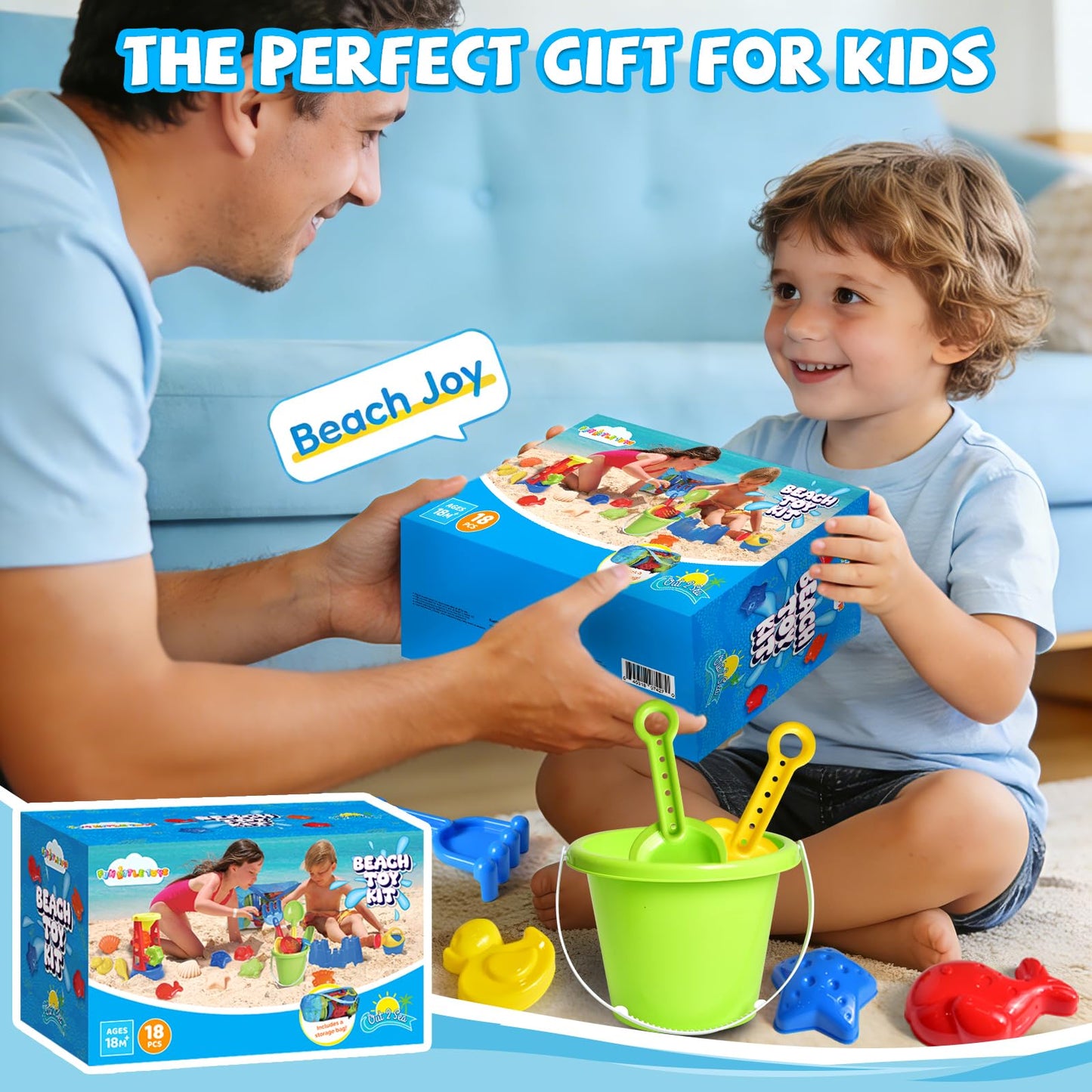 Beach Toys, 19 Piece Sand Toys Set Kids Sandbox Toys Includes Water Wheel Beach Tool Kit Bucket Watering Can Molds with Mesh Bag for Kids Ages 3-13