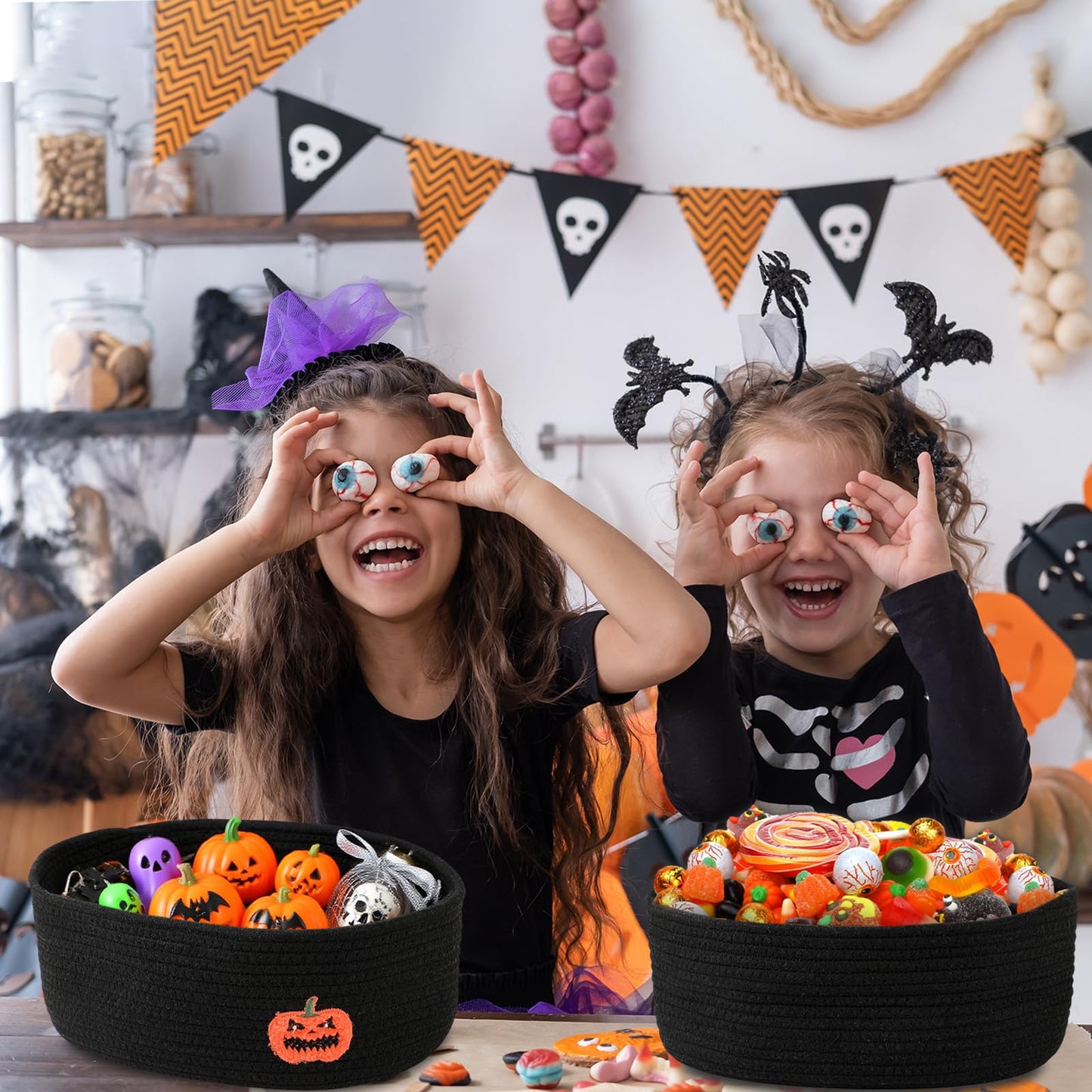 Halloween Basket Gift Baskets Empty with Decor Ribbons, Woven Rope Pumpkin Candy Baskets with Festive Tulle Bag Set for Halloween Party Supplies Favors, Toy Storage Basket for Baby and Pet 14.2" L x 9.8" W x 5.1" H