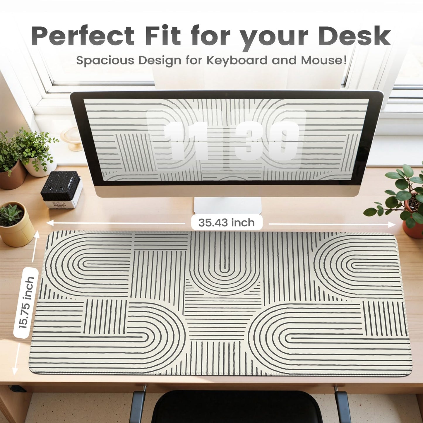 iCasso White Desk Matt for Desktop, Cute Desk Pad Mat, Large Mouse Pad, Anti-Slip Big Mousepad with Stitched Edges, Keyboard Pad for Computer(White)