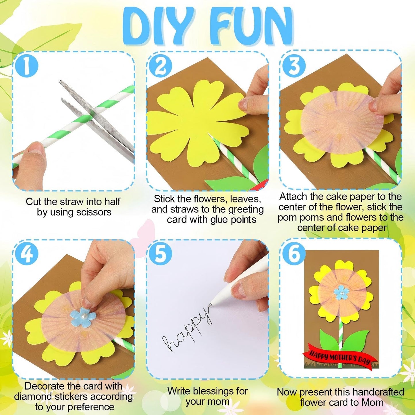 Engrowtic 48 Pcs DIY Mother's Day Flower Craft Kit Happy Mother's Day Card Making Kit with Blessing Message Envelope Make Your Own Flower Greeting Card for Gifts Classroom School Home Activities