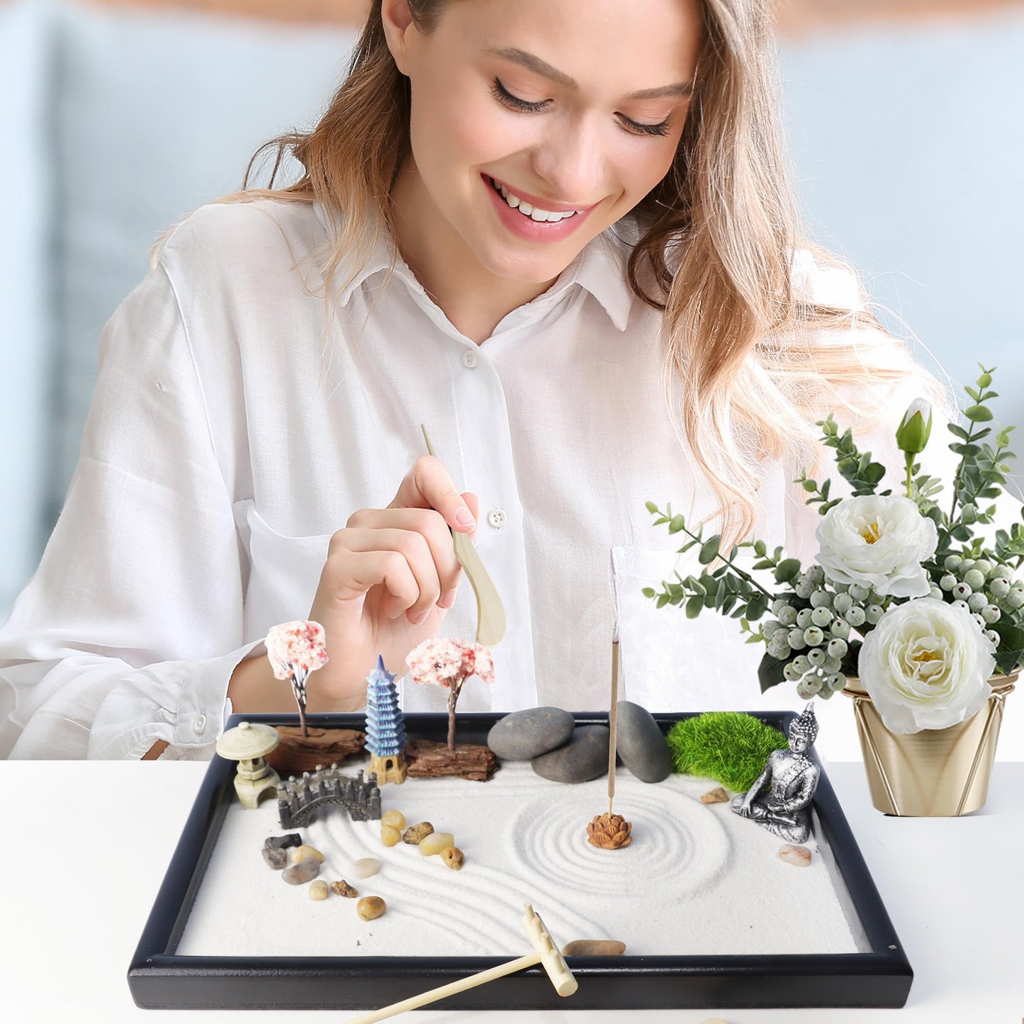 YUNGCHI Zen Garden for Desk Mini Japanese Sand Desktop Office Miniature Zen Garden Box with Kit 11.8 X 7.9 in