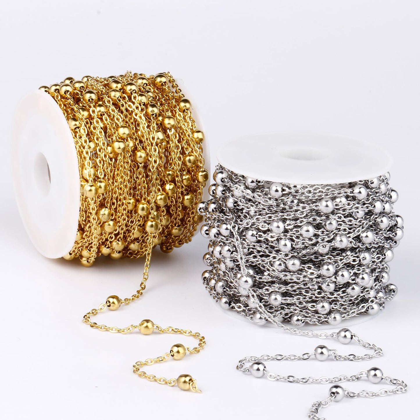 33 Feet Gold Satellite Bead Chains Roll, 2mm 18K Gold PVD Plated 304 Stainless Steel Ball Beaded Cable Link Chains Spool Bulk for Jewelry Making DIY Craft