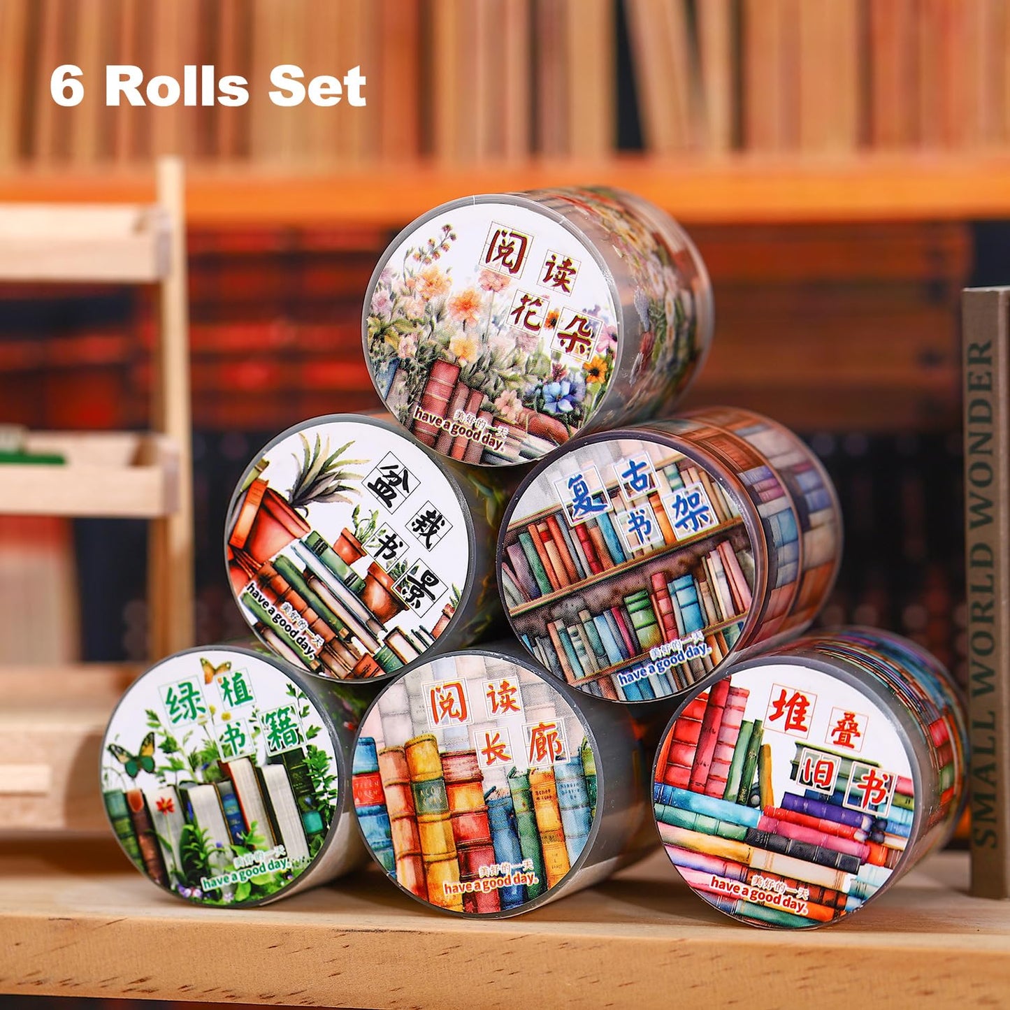 AuriicLeaf Book-Themed PET Tape Set, 6 Rolls of Library and Nature-Inspired Stickers for Scrapbooking, Journaling, DIY Crafts, and Gift Wrapping