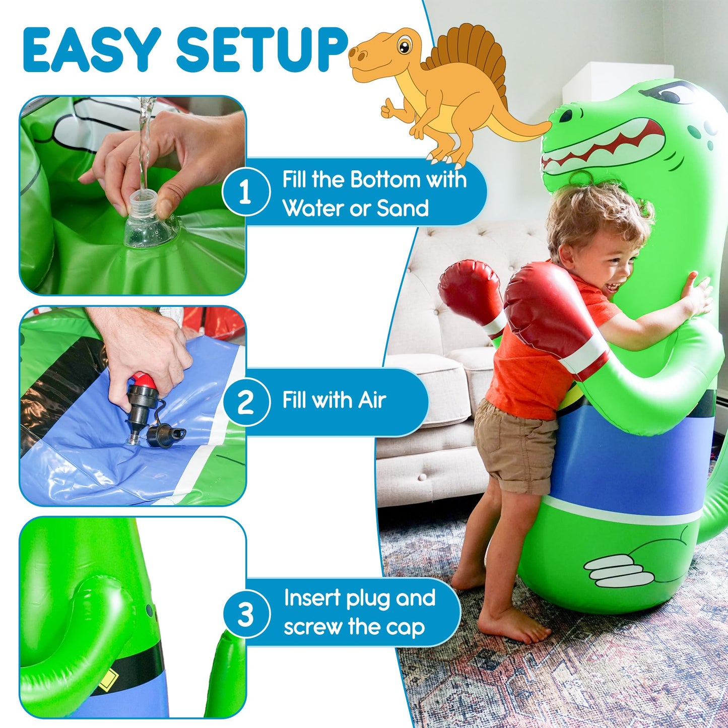 Inflatable Punching Bag for Kids - Bop Bag Inflatable Punching Toy - Inflatable Dinosaur with Instant Bounce Back Movement - Bottom Space Can Use Either Sand or Water (47” Height)