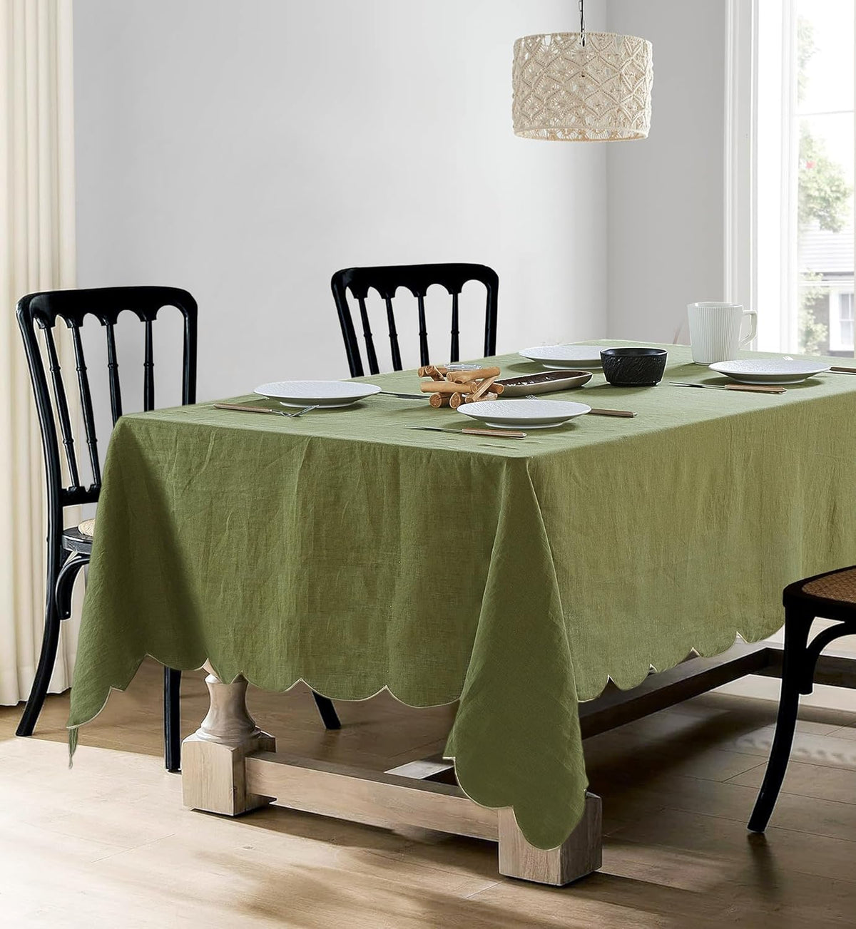 100% French Flax Linen Tablecloths Scalloped Embroidery Rectangle 120Lx60W Inch for Dinners, Parties, Spring, Machine Washable, 10-12 Sets, Olive Green(Edges-Gold)