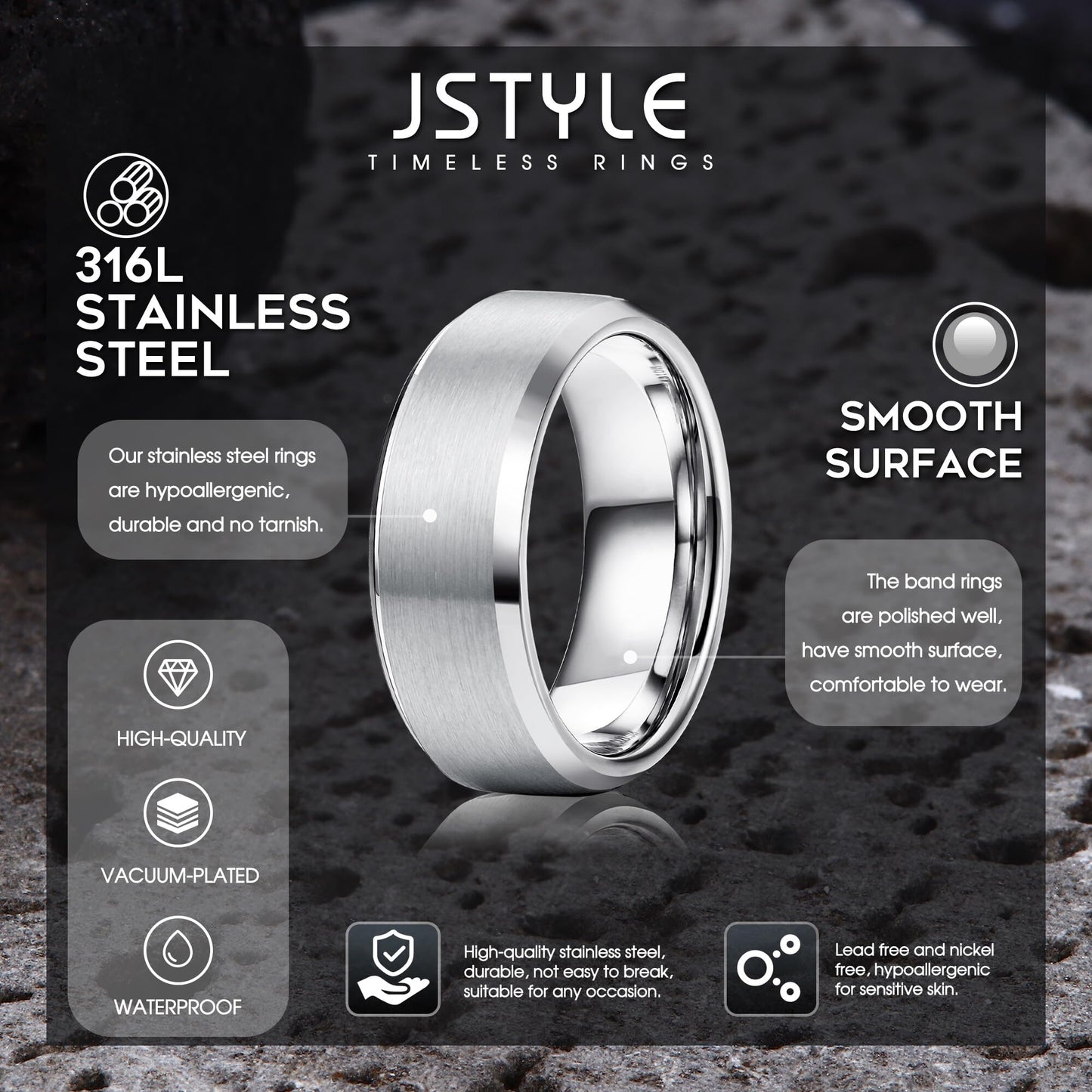 Jstyle Stainless Steel Rings for Men Women 8MM Wedding Band Rings Matte Surface - Beveled Polished Edge Mens Ring Size 7 Silver Plated Ring for Men