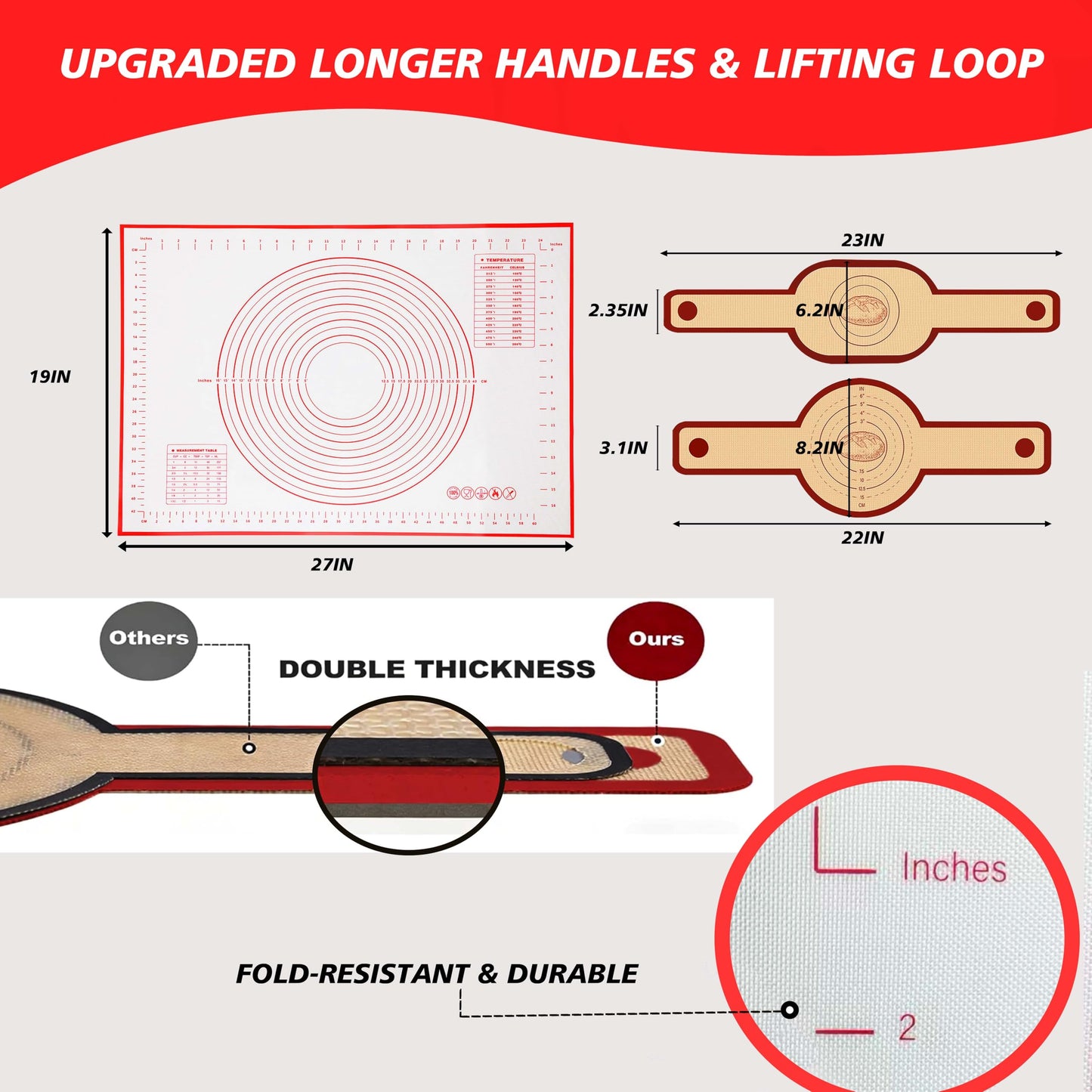 Silicone Baking Mat 3-Piece Set:1Pcs 27x19 inch Non-Slip Pastry Rolling Mat with Measurements &2Pcs Silicone Bread Sling for Sourdough Tools | Non-Stick, Dishwasher Safe, Reusable Baking Accessories