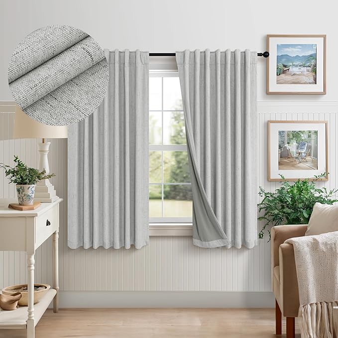 Pitalk 45 Inch Length Blackout Curtains Set of 2 Panels Back Tab Linen Cotton Textured Room Darkening Black Out Short Small Curtains for Bathroom Door Kids Room Bedroom 45 in Long Light Grey Gray