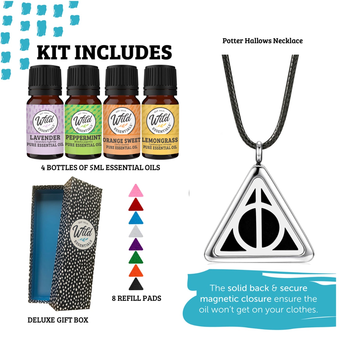 Wild Essentials Potter Hallows Aromatherapy Diffuser Necklace13-PieceGift Set –Includes 4 Pure Essential Oils, Black Rope Necklace, Steel Pendant, 8 Pads –Calming Aromatherapy Essential Oil Necklace