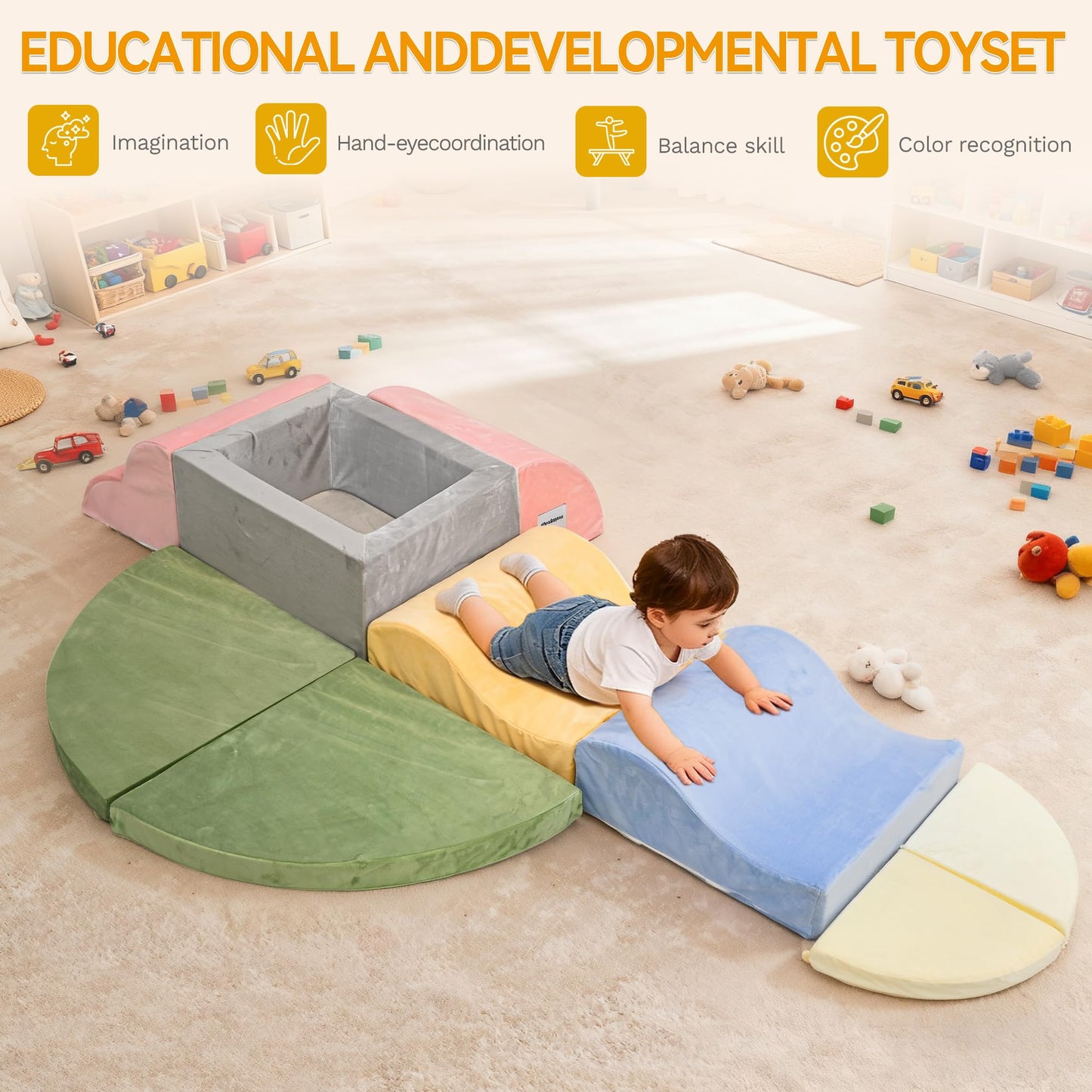 ANGELBECKE Foam Climbing Blocks with Ball Pit for Toddler, 9-Piece Soft Toddlers Climbing Toy Indoor for Kids Crawling, Soft Play Set Playground