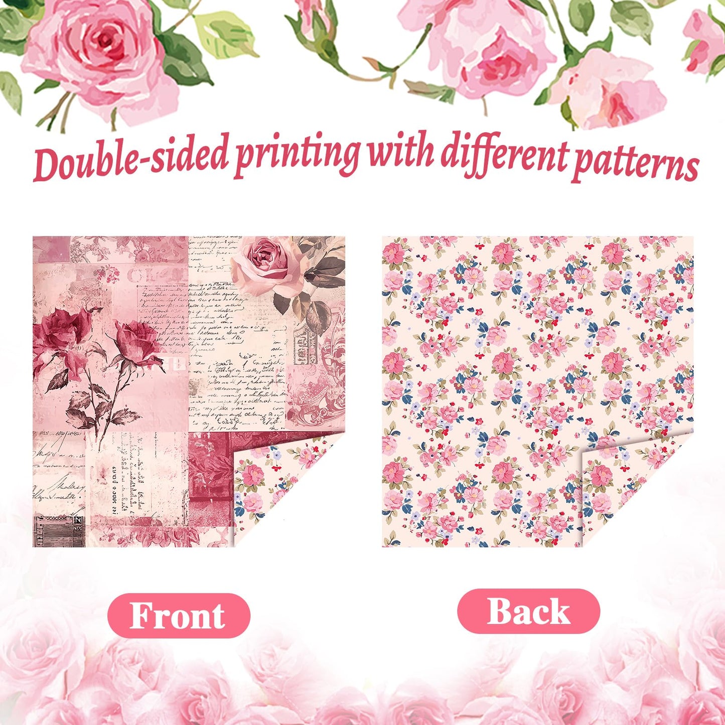 Konsait 24 Sheets Pink Flower Scrapbook Paper 12x12, Double Sided Rose Patterned Paper Floral Decorative Cardstock Pad Origami Papers for Card Making Romantic Scrapbook Supplies