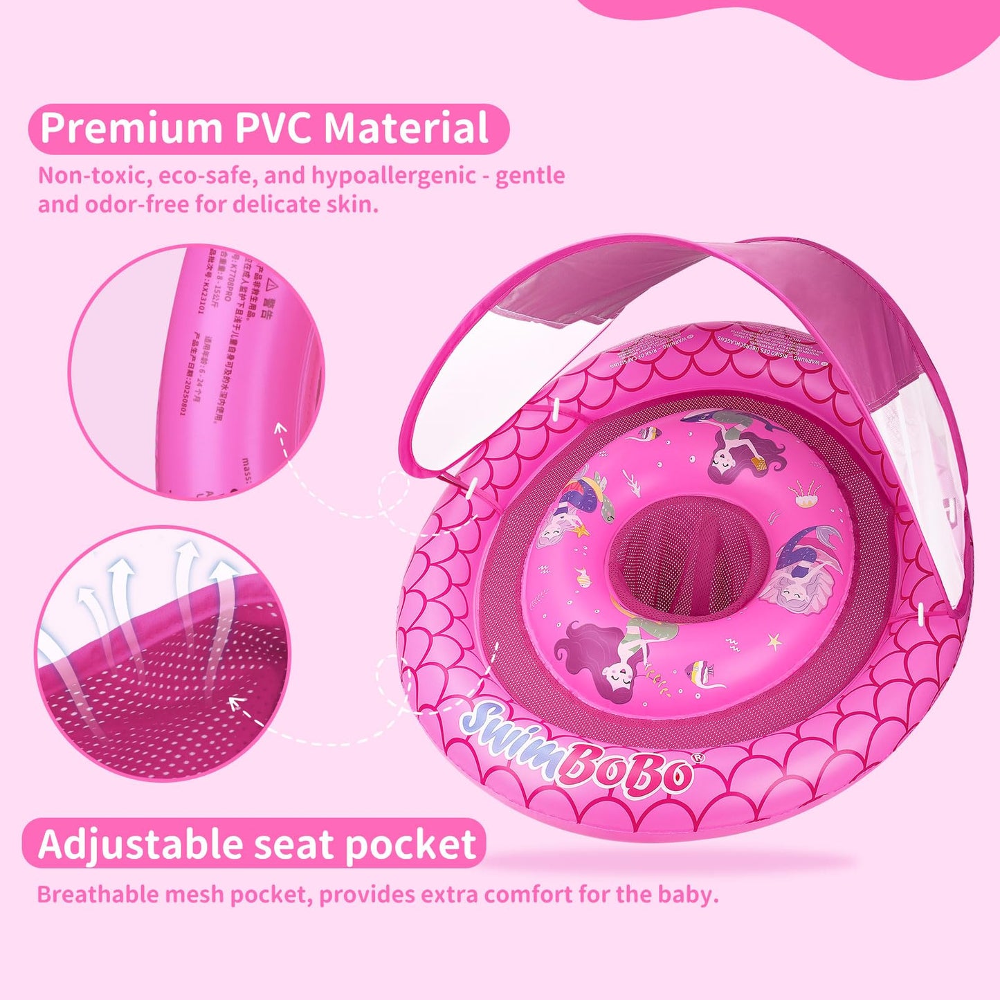Swimbobo Baby Pool Float Ring with Adjustable Sun Canopy and Safety Seat Pool Toy for Age of 6-36 Months (Red Mermaid)