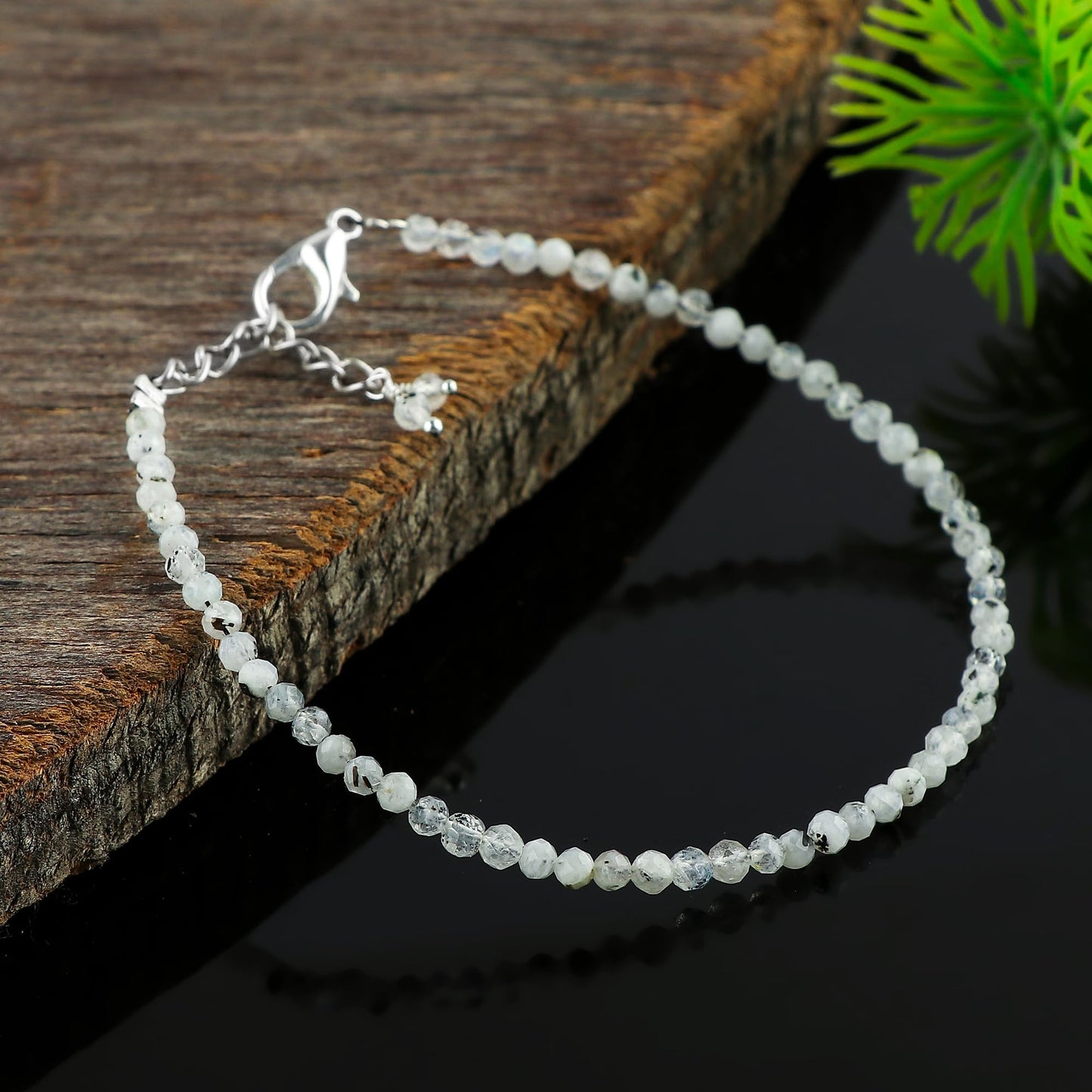 Gemkora Natural Real Moonstone Crystals Bracelet, 3mm Best Grade Micro Cut Beads, Chakra Healing Gemstone, Beautiful Simple Jewelry, Silver Plated Jewelry 7+1 inch