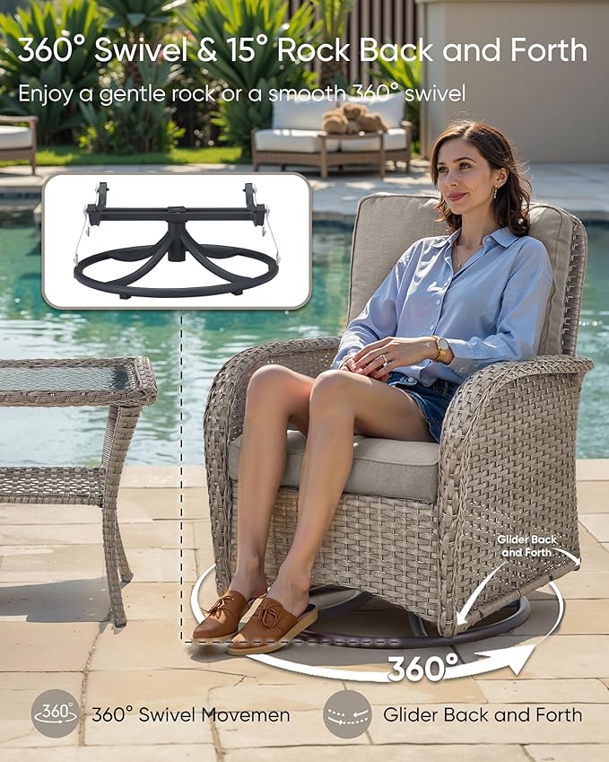 HUMMUH 7 Pieces Wicker Patio Conversation Set Outdoor Glider Loveseat with Patio Swivel Rocking Chairs Outdoor Patio Set for Deck Lawn Porch Balcony Poolside-Grey/Grey