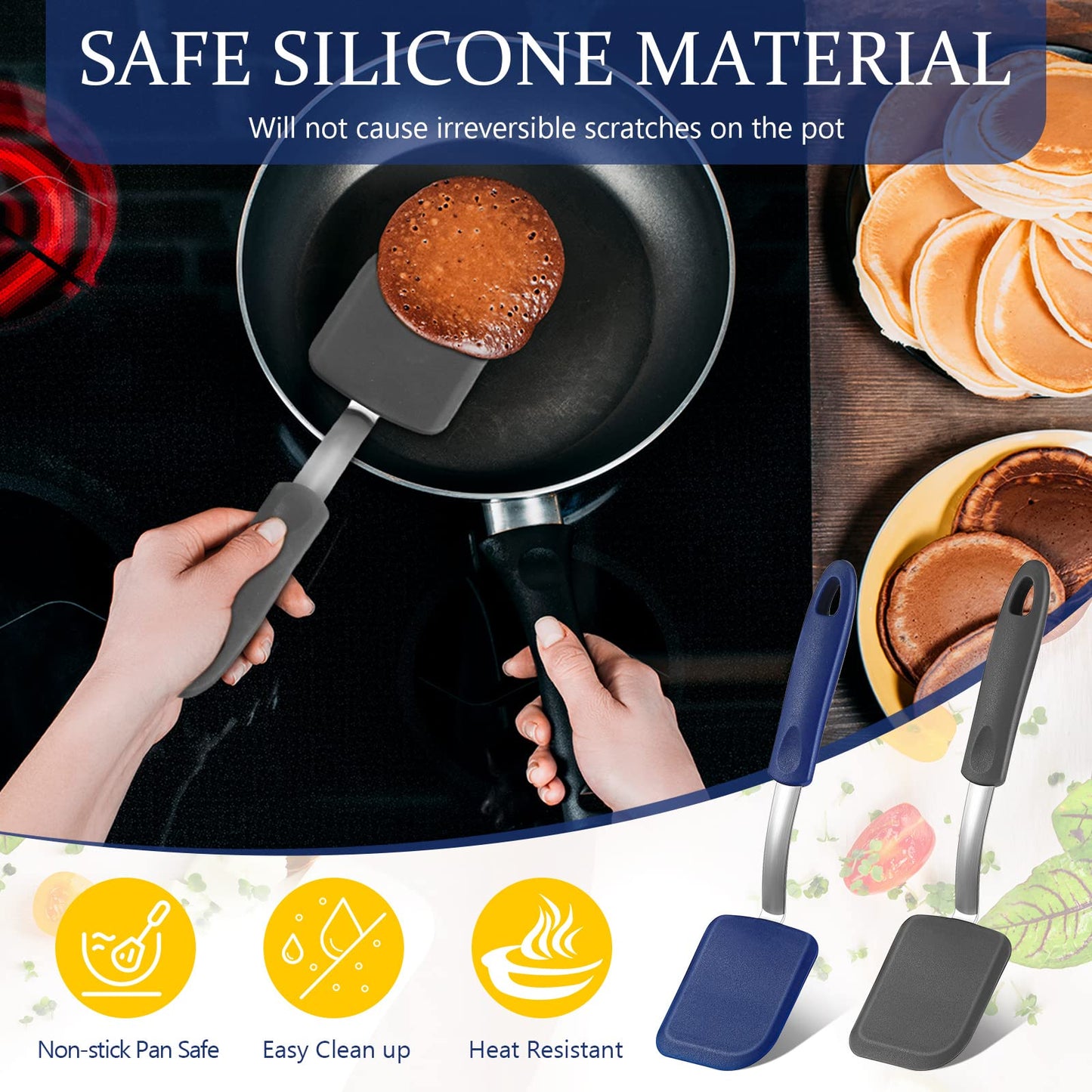 Yetene Silicone Cookie Spatula Turner 2 Pack Mini Brownie Spatula Flexible Kitchen Small Silicone Turner for Nonstick Cookware Heat Resistant No Scratch Flipper for Egg Pancake(Gray, Blue)