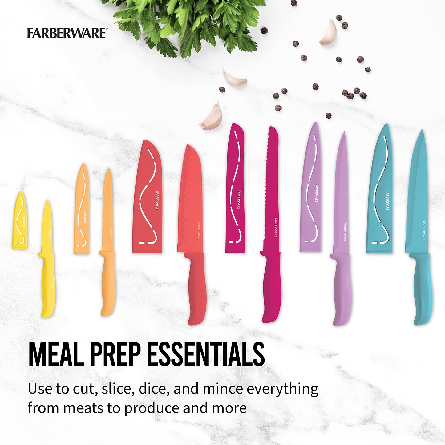 Farberware Resin Cutlery Set, 12 Piece, Pastel, Stick Resistant Blades, Ergonomic Grip ANDBalance, Blade Covers Included, Perfect for Back to College and First Kitchens