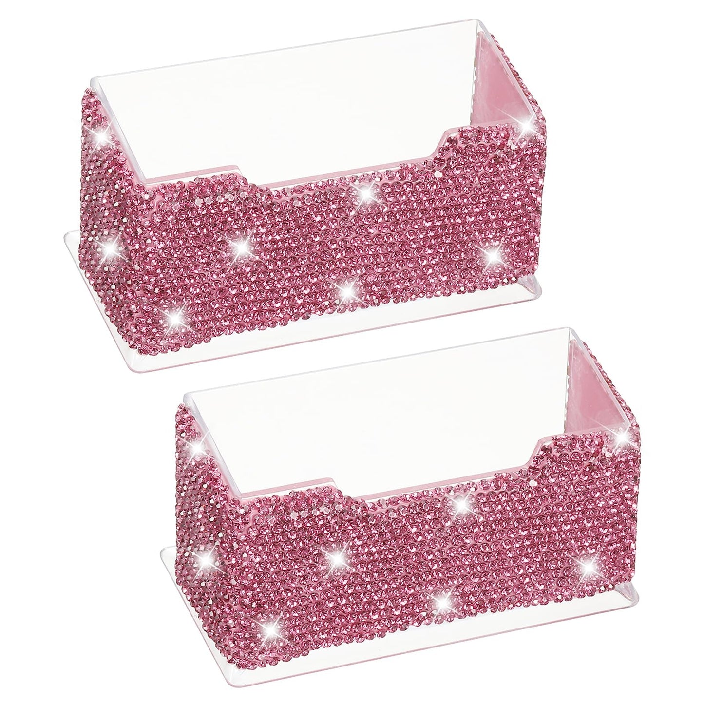 PATIKIL Rhinestone Business Card Holder, 2Pcs Crystal Business Card Holders Bling Business Card Organizer Display Stand for Desktop Desk Office Exhibition, Pink