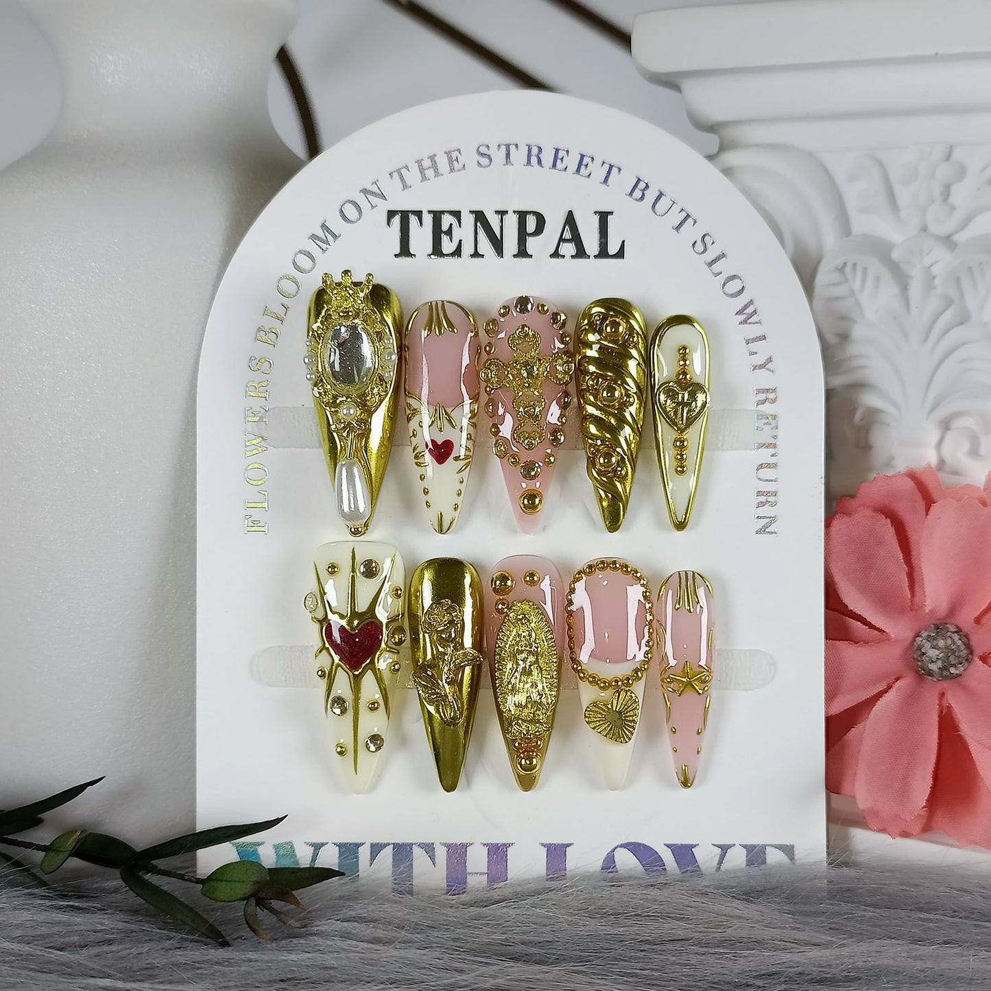 TENPAL 10Pcs Handmade Egyptian Press On Nails With Tools,Golden Palace Long Stiletto Glue on Nails,Glossy Sacred Rose & Cross Charms Fake Nails with Crystal Luxe,Acrylic Nails for Women Gifts(S)
