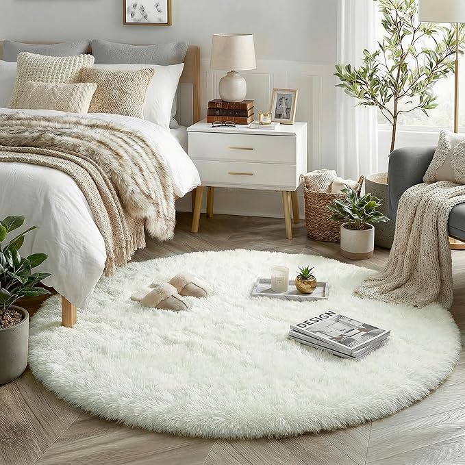 Amdrebio Ivory White Round Rug 5Ft for Bedroom Living Room Aesthetic, Neutral Fluffy Fuzzy Circle Area Rugs for Kids Room Playroom, Circular Plush Soft Shaggy Cream Carpet for Dorm Teen Baby Nursery