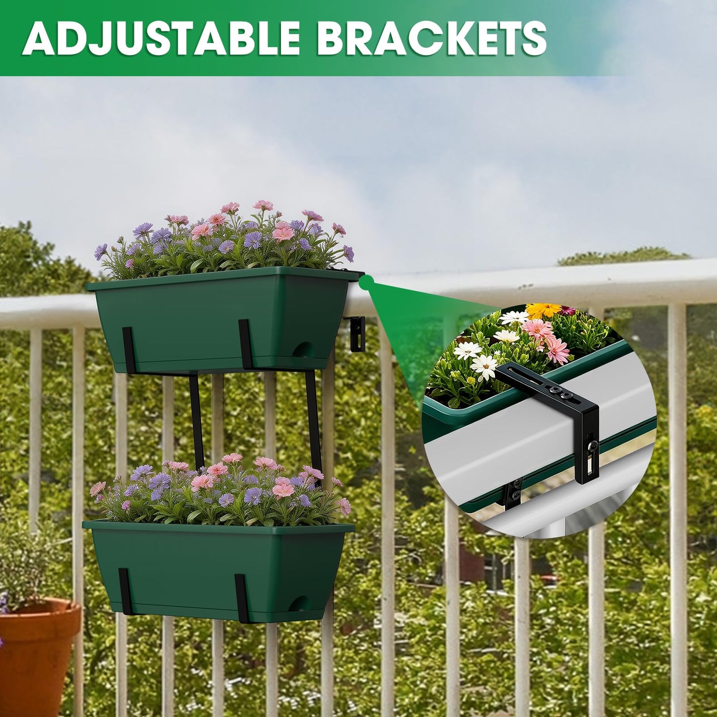 FANSXIVITA Balcony Planters Railing Hanging, Deck Railings Planter Boxes 16.9in, Railing Planter Box, Deck Planters for Railings, Railing Flower Box with Metal Brackets, Black Green