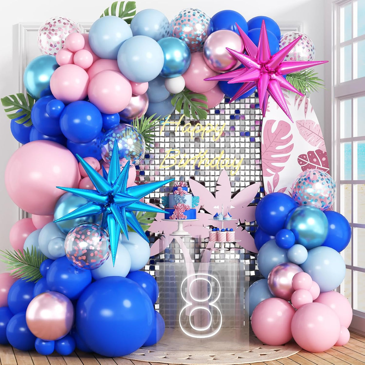 Royal Blue and Pink Balloons Arch 118pcs Pastel Blue Light Pink Balloons Garland Metallic Confetti Latex Balloon Explosion Star Foil Summer Hawaii Birthday Party Decorations Gender Reveal Baby Shower
