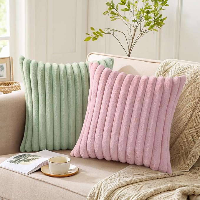 Pallene Faux Fur Plush Throw Pillow Covers 24x24 Set of 2, Luxury Soft Fluffy Striped Decorative Pillow Covers for Sofa, Couch, Living Room, Blush Pink
