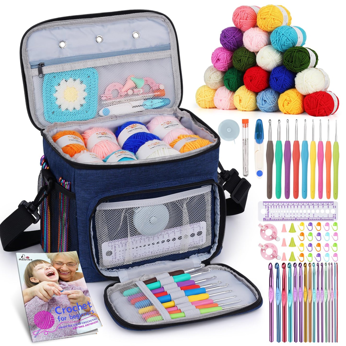 Aeelike Complete Beginner Kit 87PCS, Crochet Kit for Beginners Adults, Navy Portable Yarn Bag, 23 Crochet Hooks,Yarn 20 Colors Skeins, Instruction & Crocheting Accessories