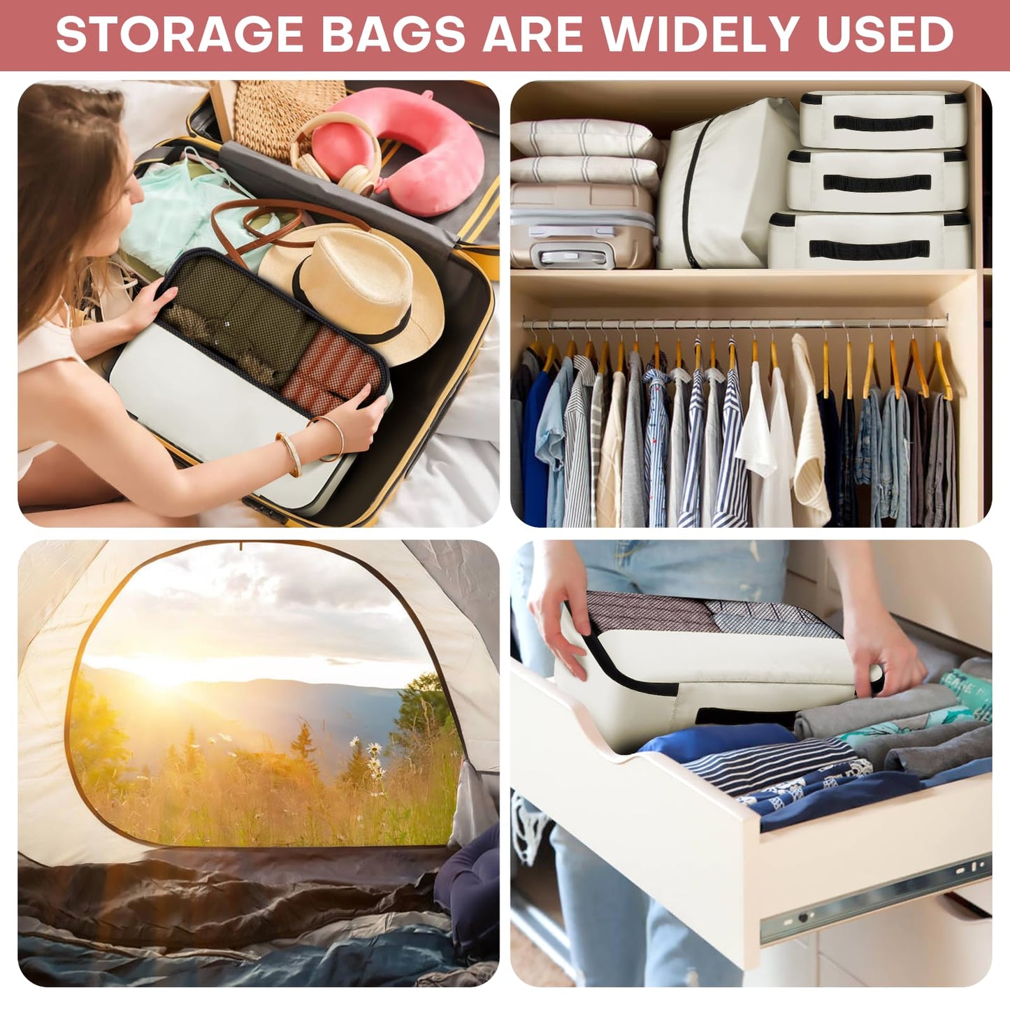 SDGFUI 8 PCS Compression Packing Cubes for Travel Women, Compression Bags Organizer for Luggage Space Saving Travel Essentials and Carry on, Luggage Organizer Bags for Suitcase - Beige